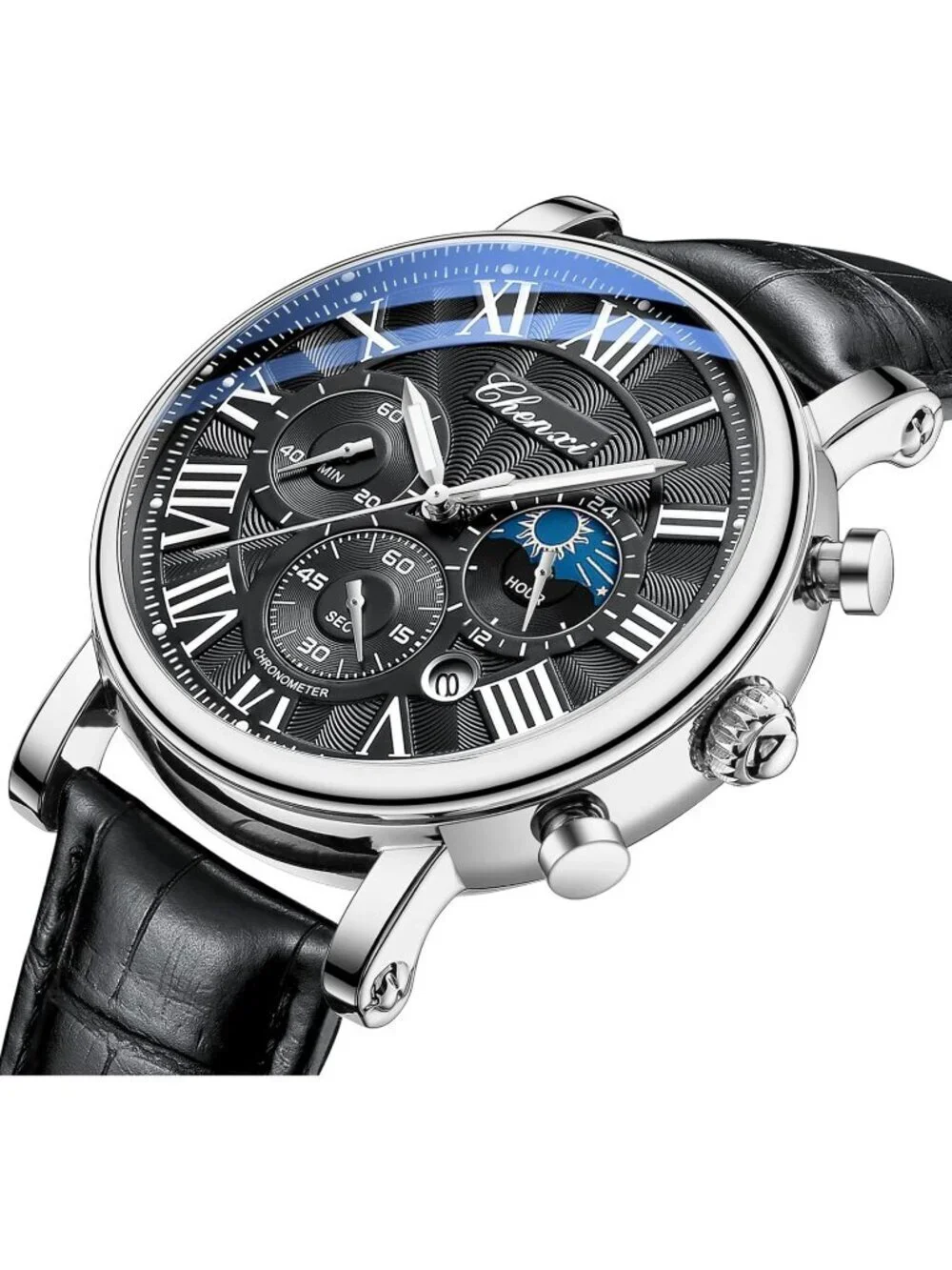 Men's Silver And Black Leather Multifunctional Military Analog Chronograph Watch